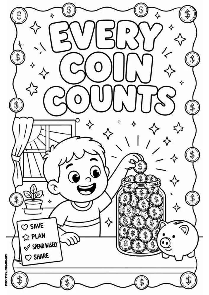 Child adding a coin to a savings jar with the quote "Every Coin Counts."