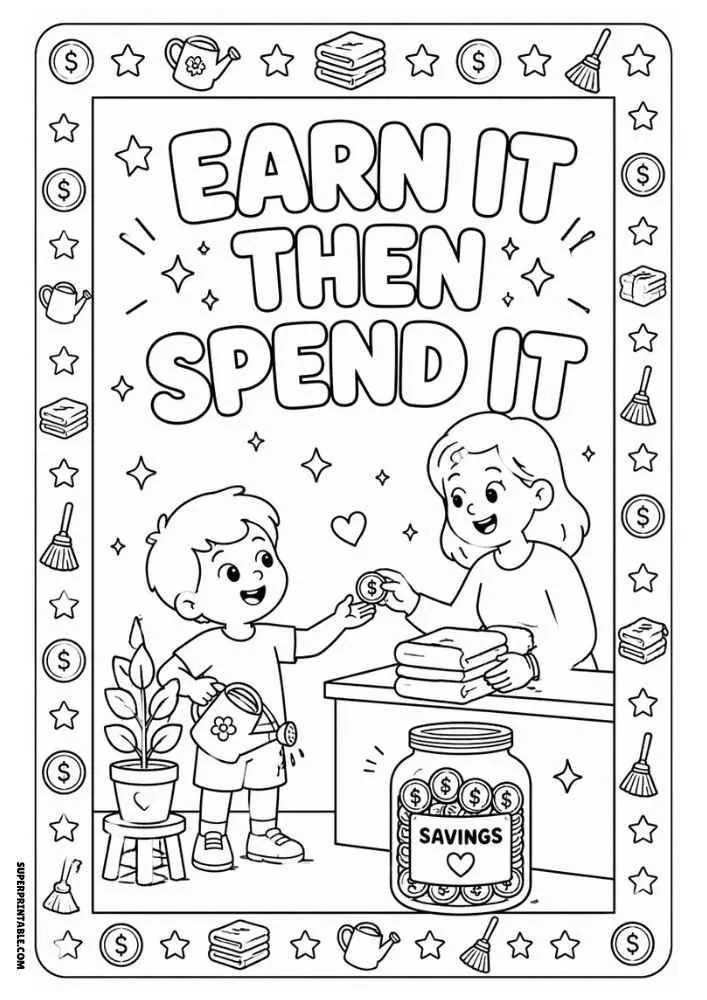 Child receiving a coin after chores with savings jar and the quote "Earn It Then Spend It."