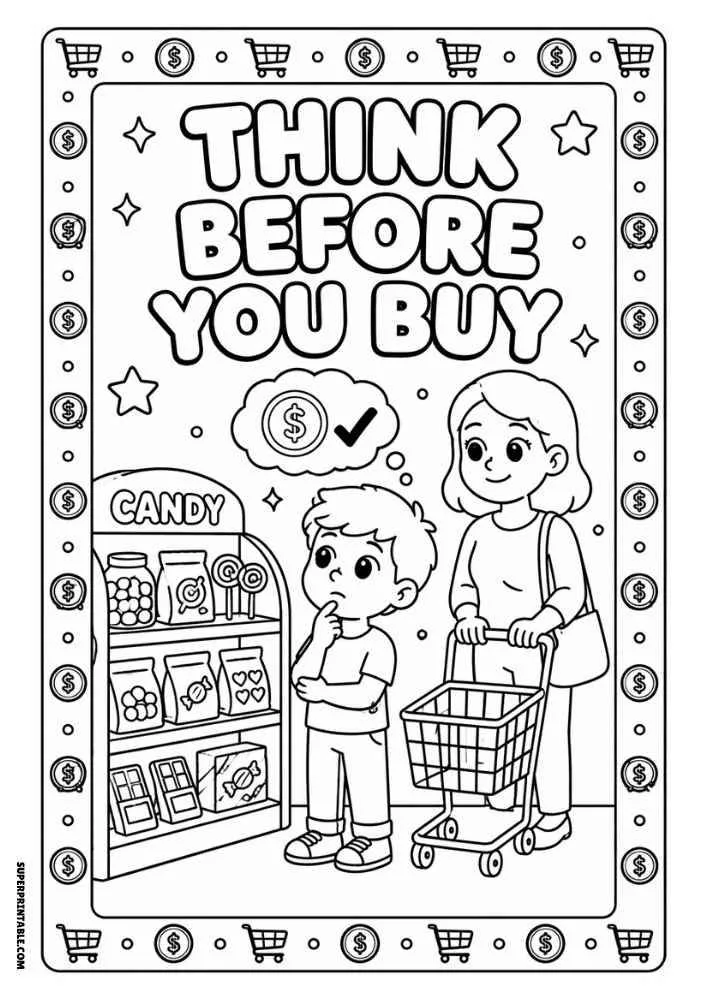 Child thinking in front of a candy shelf with the quote "Think Before You Buy."