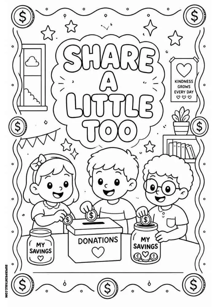 Three children placing coins into a donation box with the quote "Share a Little Too."