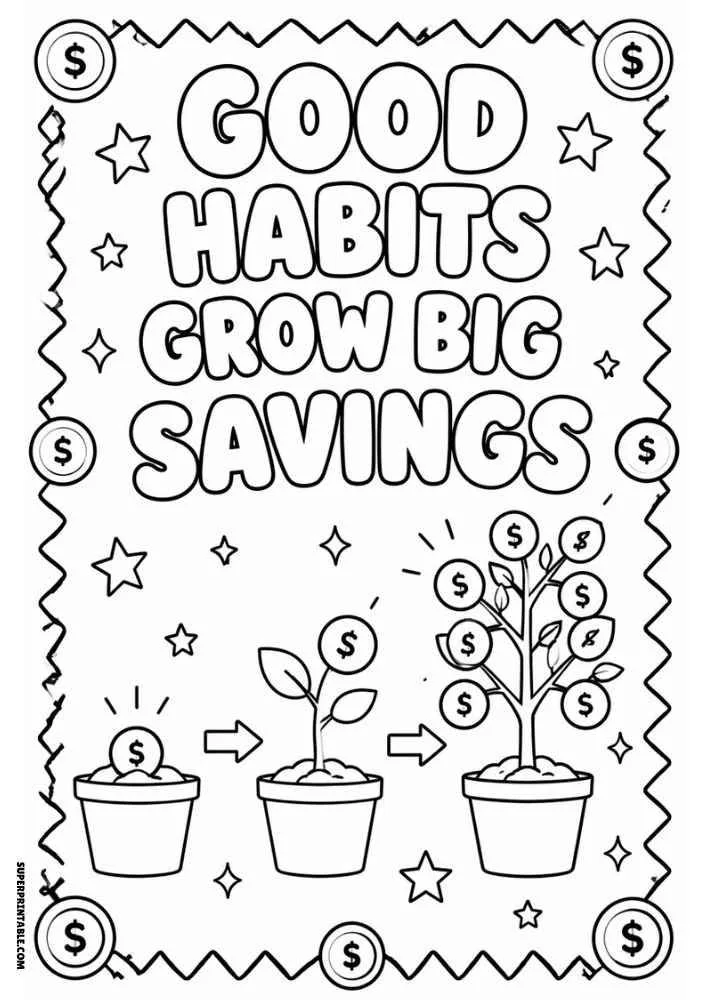 Money plant growing into a coin tree with the quote "Good Habits Grow Big Savings."