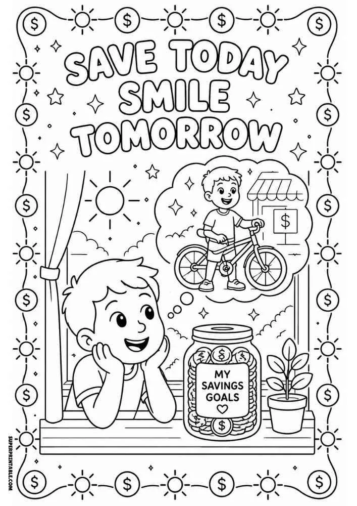 Child, savings jar, bicycle dream bubble, and the quote "Save Today Smile Tomorrow."