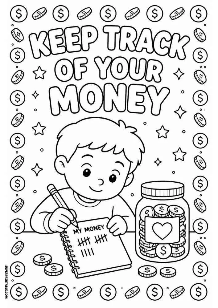Child writing in a money notebook beside a coin jar with the quote "Keep Track of Your Money."