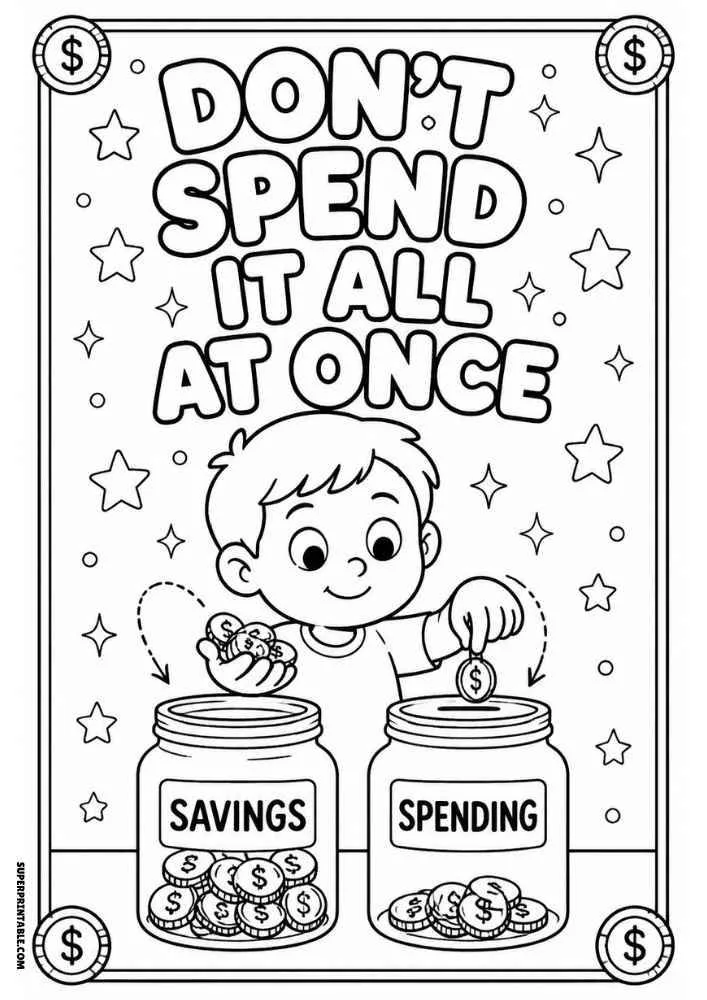 Child placing coins into savings and spending jars with the quote "Don't Spend It All at Once."