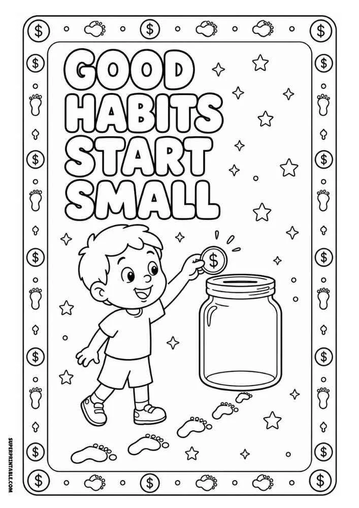Child placing a coin into an empty savings jar with the quote "Good Habits Start Small."
