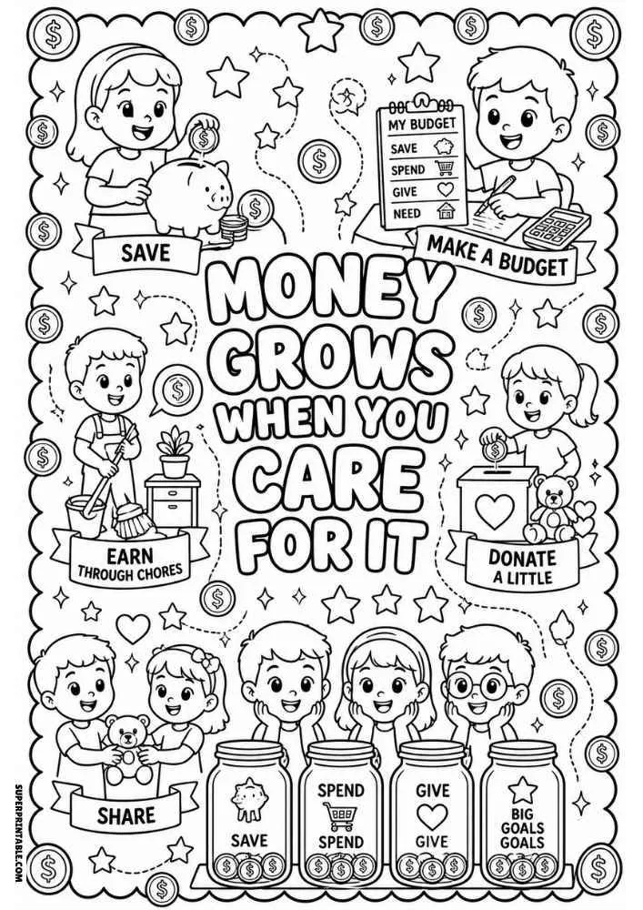 Children saving, budgeting, sharing, donating, and jars with the quote "Money Grows When You Care for It."