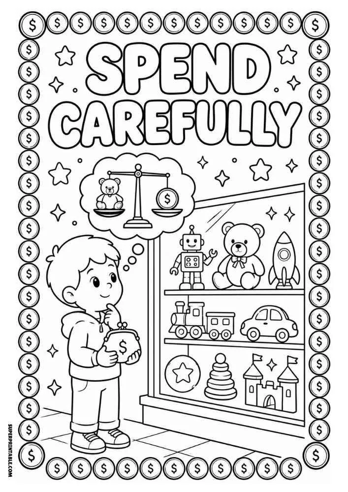 Child holding a wallet, toy store display, balance scale thought bubble, and the words "Spend Carefully."