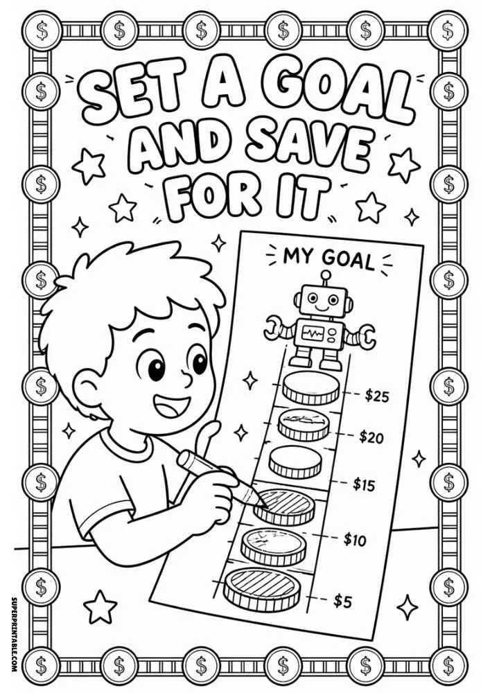 Child filling a savings goal chart with a robot prize and the quote "Set a Goal and Save for It."