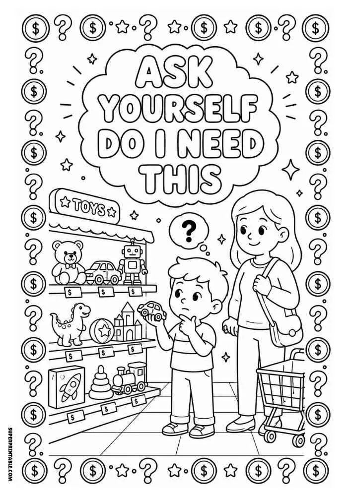 Child holding a toy in a store with an adult and the quote "Ask Yourself Do I Need This."