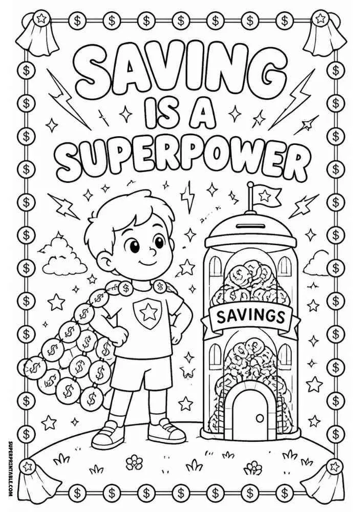 Child with a coin cape beside a giant savings bank and the quote "Saving Is a Superpower."