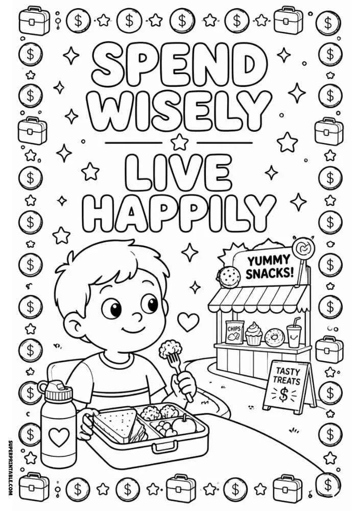 Child eating lunch near a snack stand with the quote "Spend Wisely Live Happily."