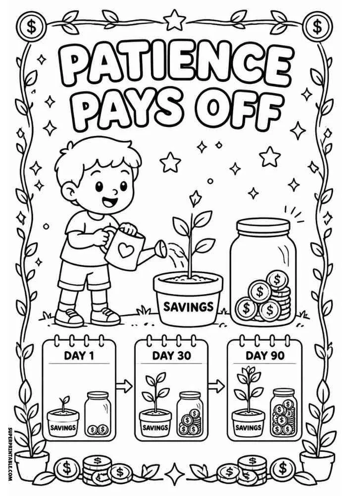 Child watering a plant beside a savings jar with the quote "Patience Pays Off."