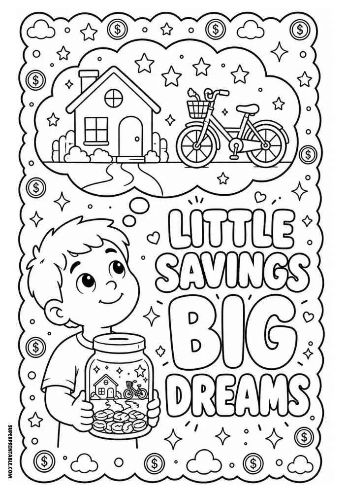 Child with a savings jar dreaming of a house and bicycle with the quote "Little Savings Big Dreams."