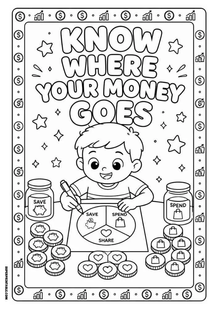 Child filling a save, spend, and share chart with the quote "Know Where Your Money Goes."