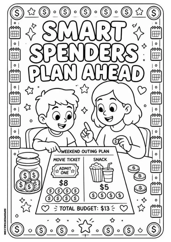 Child and adult planning a budget with the quote "Smart Spenders Plan Ahead."