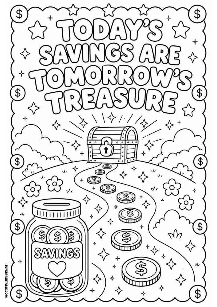 Savings jar, coin path, treasure chest, and the quote "Today's Savings Are Tomorrow's Treasure."