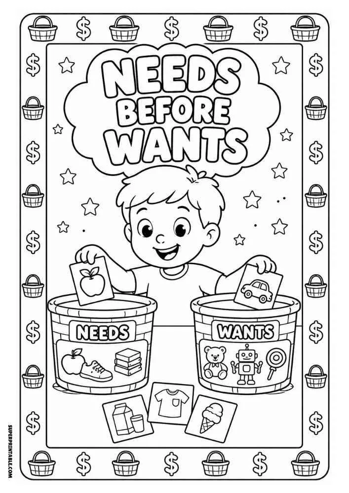 Child sorting picture cards into Needs and Wants baskets with the quote "Needs Before Wants."