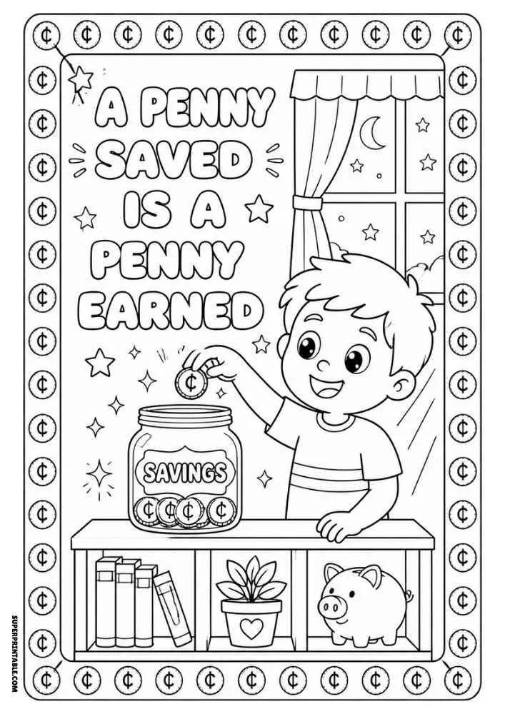 Child placing a coin in a savings jar with the quote "A Penny Saved Is a Penny Earned."