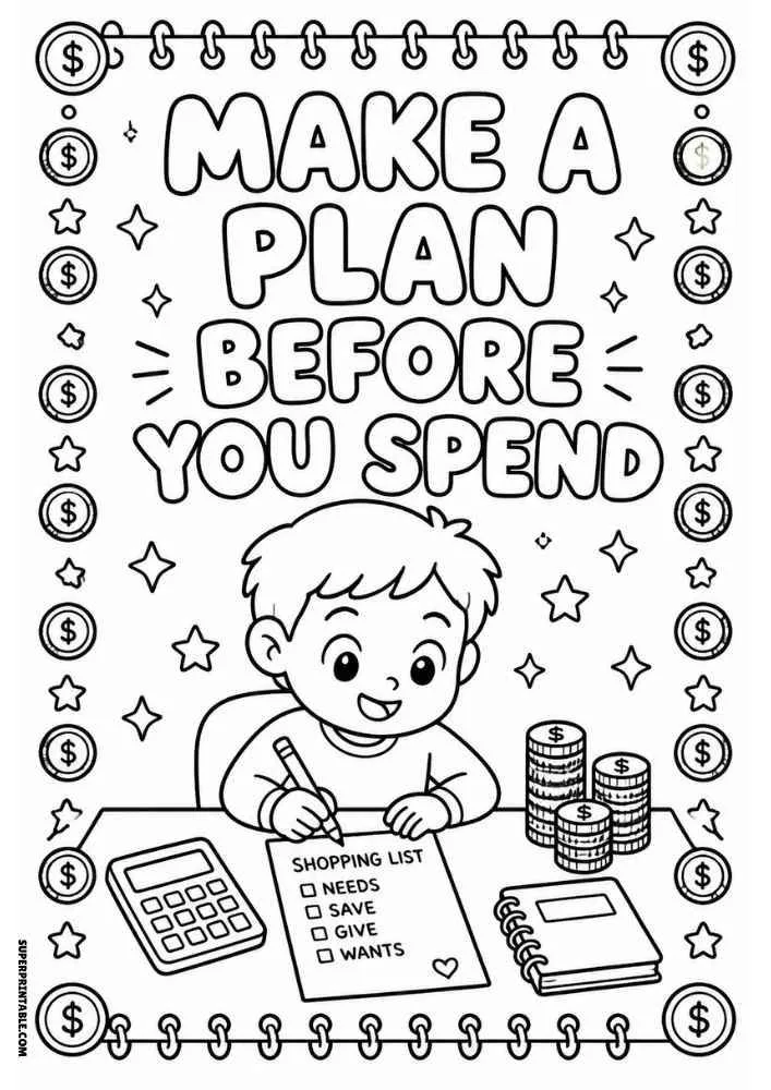 Child writing a shopping list beside coins and calculator with the quote "Make a Plan Before You Spend."