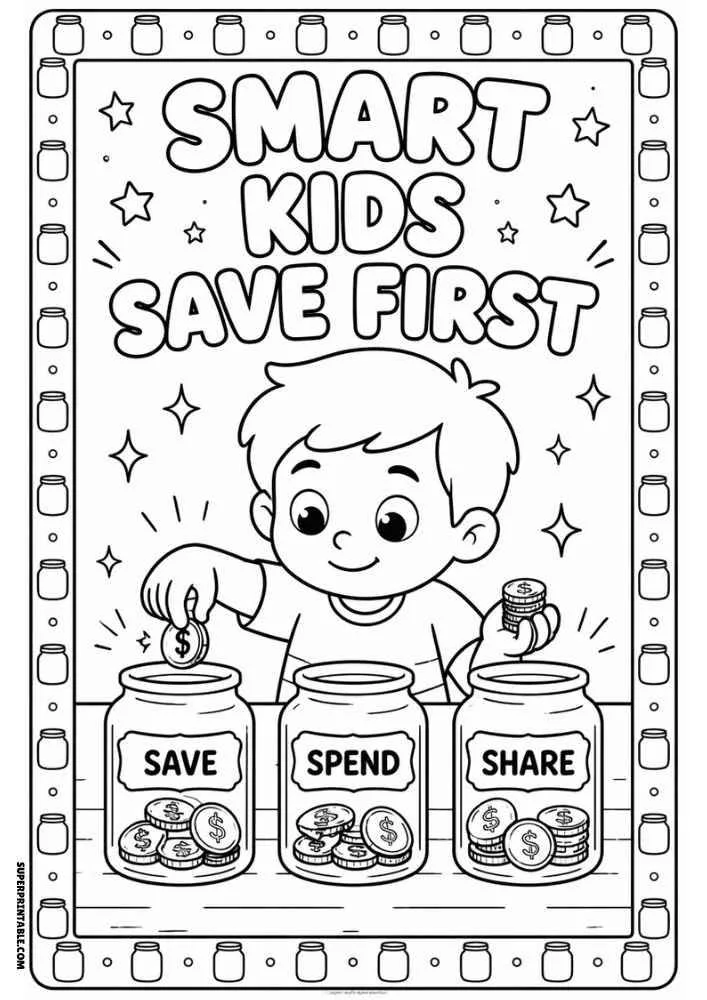 Child sorting coins into Save, Spend, and Share jars with the quote "Smart Kids Save First."