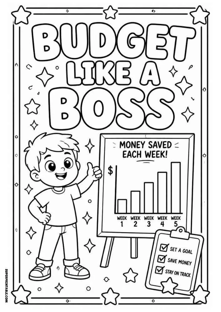Child beside a savings chart and checklist with the quote "Budget Like a Boss."