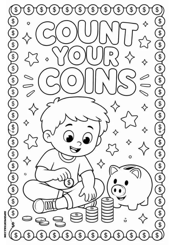 Child counting coin stacks beside a piggy bank with the quote "Count Your Coins."
