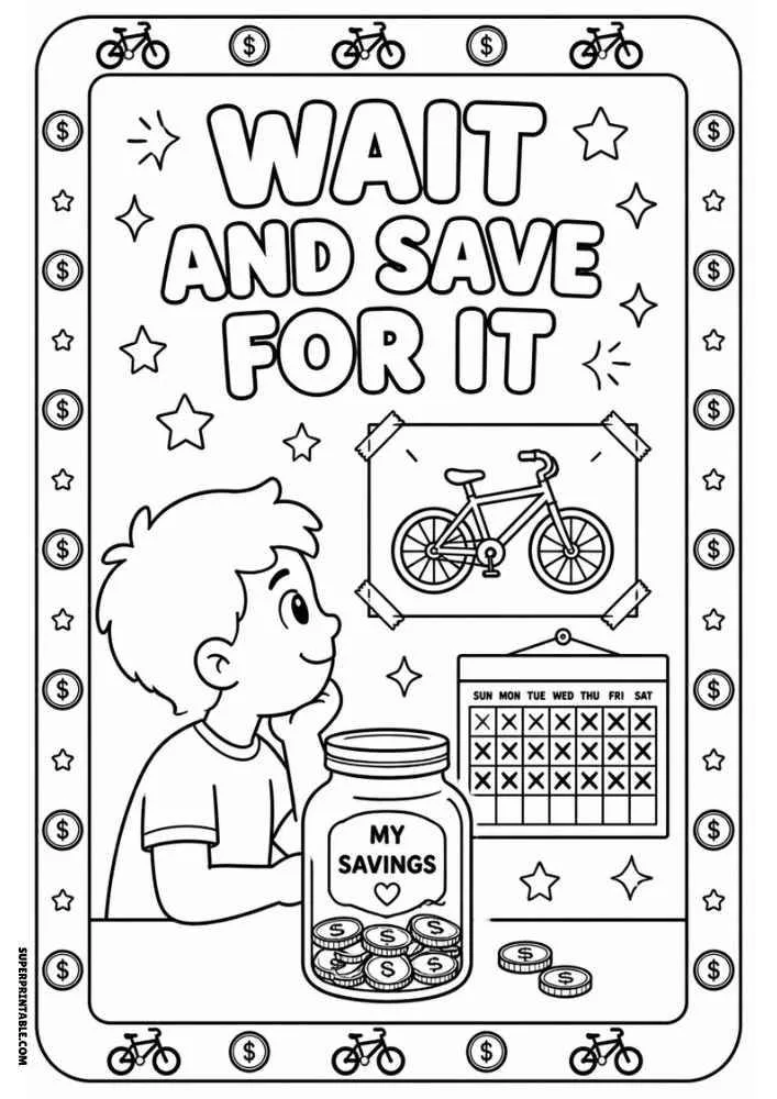Child, savings jar, bicycle poster, calendar, and the quote "Wait and Save for It."