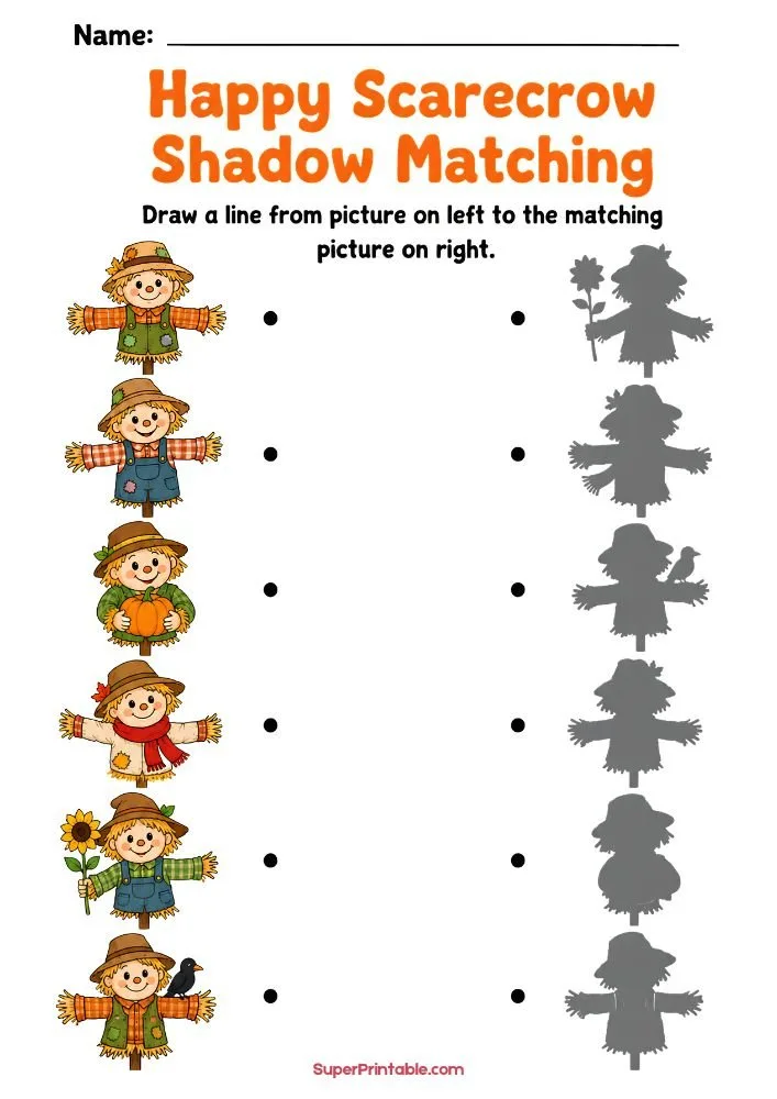 A worksheet titled "Happy Scarecrow Shadow Matching" with six colorful scarecrows on the left and six gray shadows on the right. Children draw lines to match each scarecrow to its shadow.