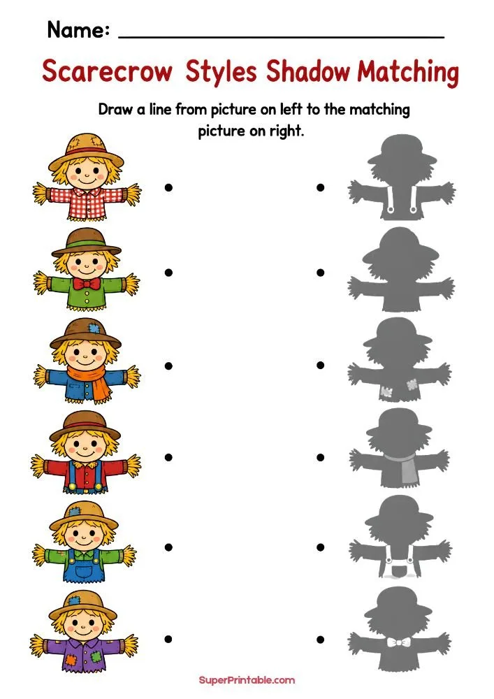 A worksheet titled "Scarecrow Styles Shadow Matching" showing six scarecrows with different clothing styles on the left and six matching shadows on the right. Blank spaces allow children to draw matching lines.