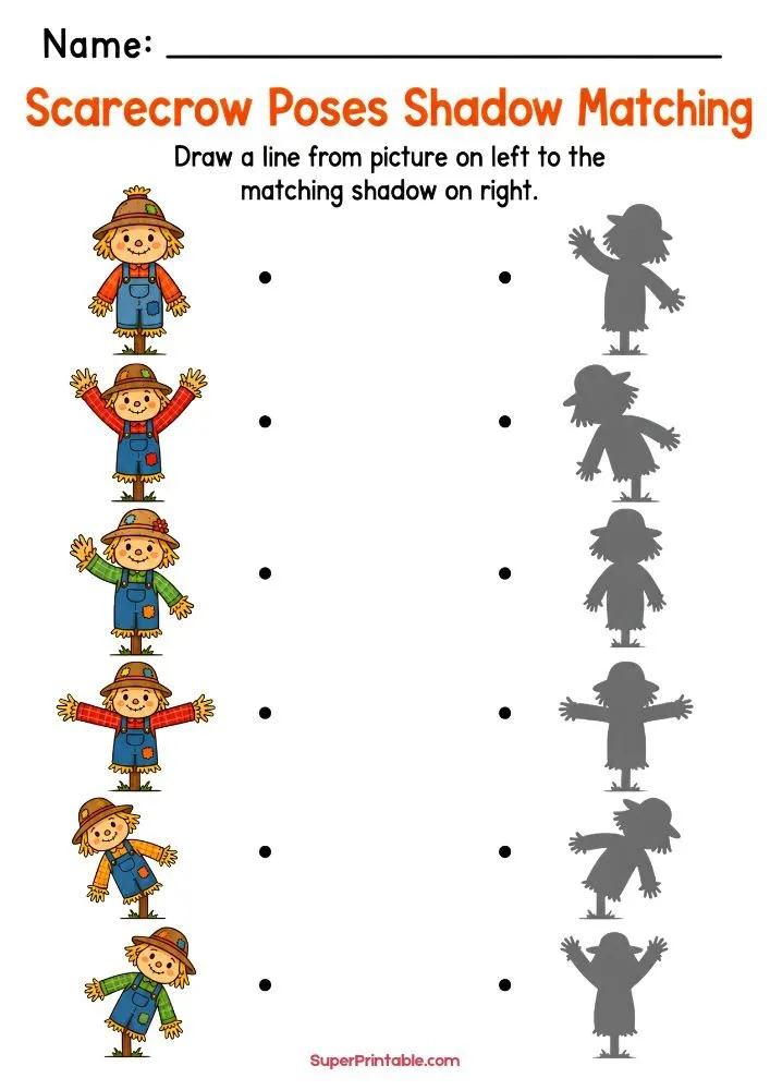A worksheet titled "Scarecrow Poses Shadow Matching" featuring six scarecrows in different poses on the left and six gray shadows on the right. Children connect each scarecrow to the matching shadow.