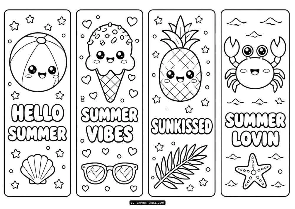 Four summer bookmarks with sun, ice cream, beach ball, waves, and summer quotes.