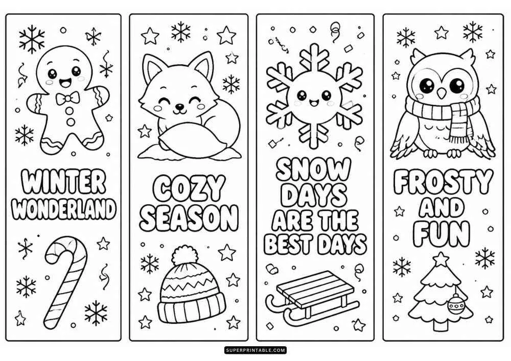 Four winter bookmarks with snowman, sled, gifts, pine trees, and seasonal quotes.