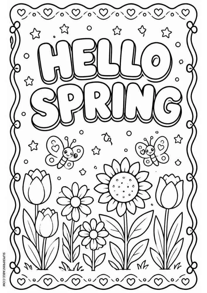 Hello Spring text with flowers, butterflies, stars, and a decorative heart border.
