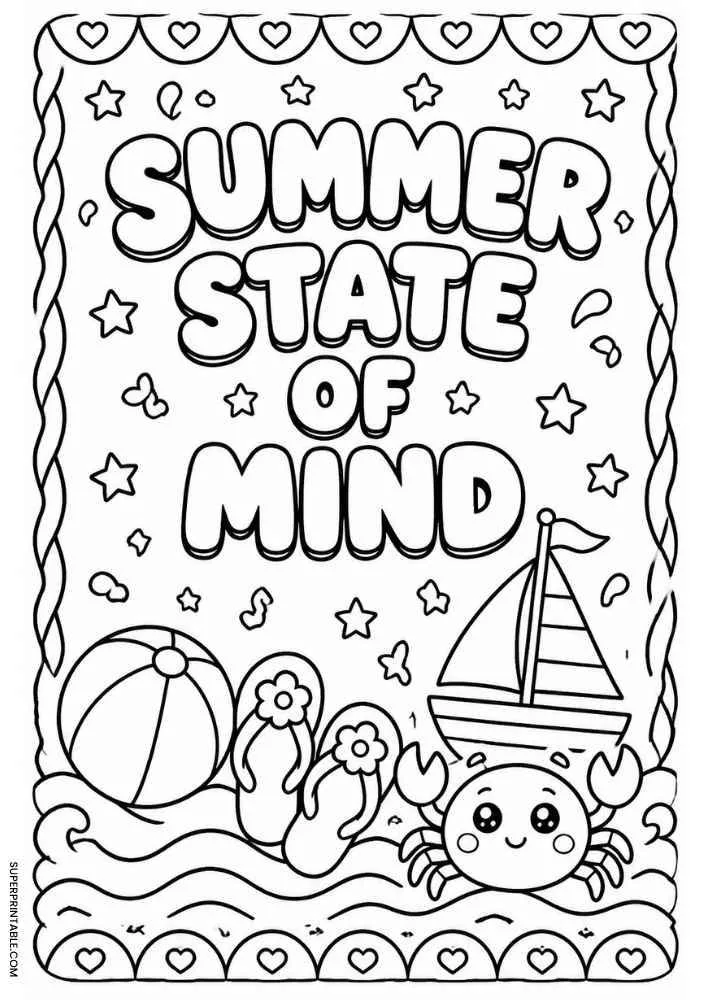 Summer State of Mind text with sailboat, beach ball, flip flops, crab, and heart border.