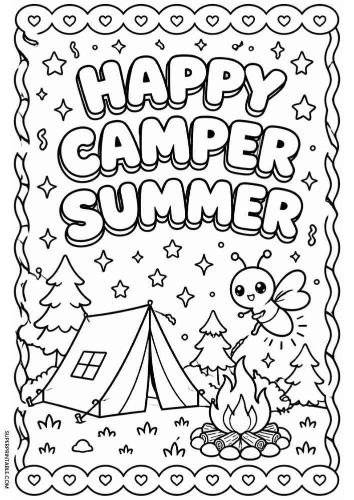 Happy Camper Summer text with tent, campfire, butterfly, trees, and heart border.
