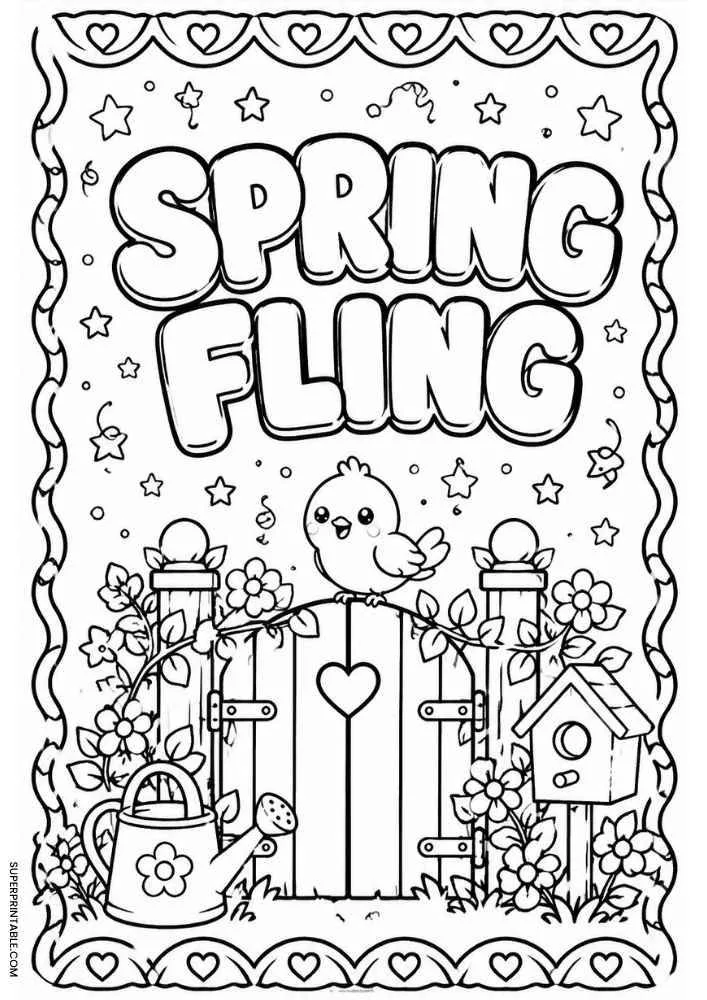 Spring Fling text with bird, garden gate, birdhouse, watering can, and flowers.