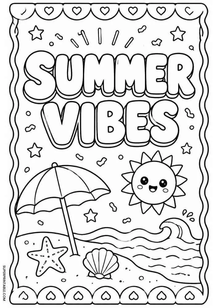 Summer Vibes text with beach umbrella, smiling sun, waves, shell, starfish, and heart border.