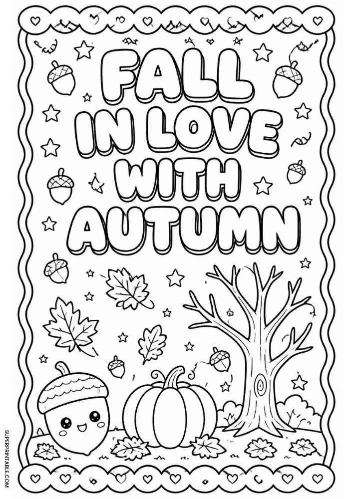 Fall in Love with Autumn text with pumpkins, tree, acorns, leaves, and heart border.