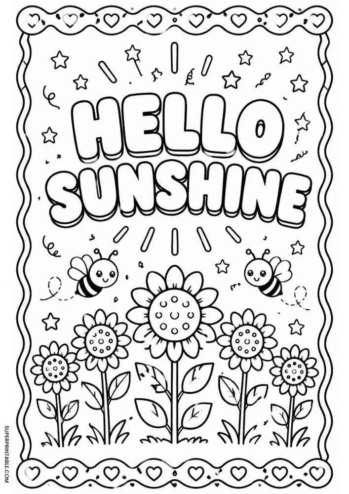 Hello Sunshine text with flowers, bees, stars, and decorative heart border.