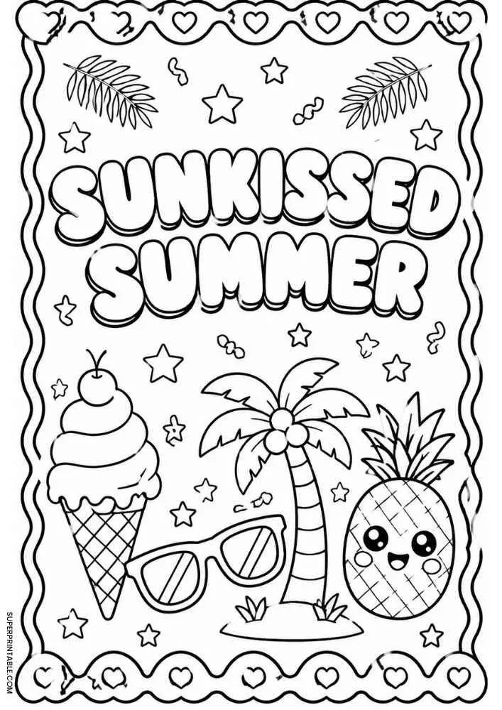 Sunkissed Summer text with palm tree, pineapple, ice cream, sunglasses, and heart border.