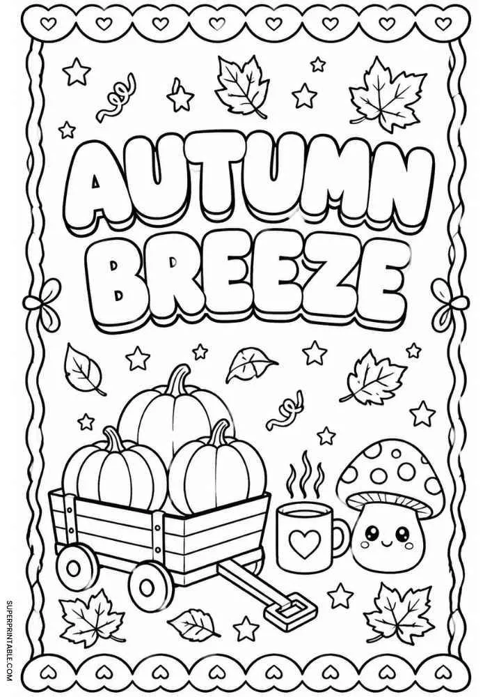 Autumn Breeze text with pumpkins, mug, mushroom, leaves, wagon, and heart border.