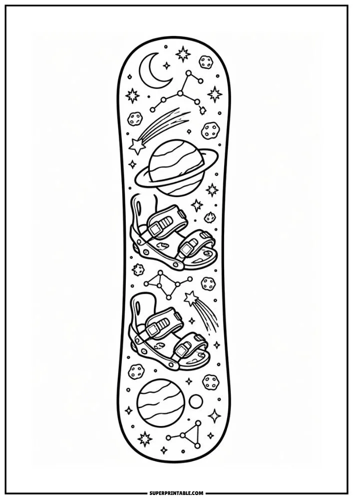 Snowboard coloring page featuring planets, stars, constellations, meteors, and a space-themed design.
