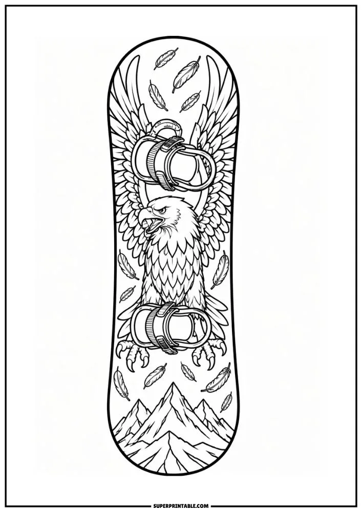 Snowboard coloring page with a large eagle, feathers, and mountain scenery.