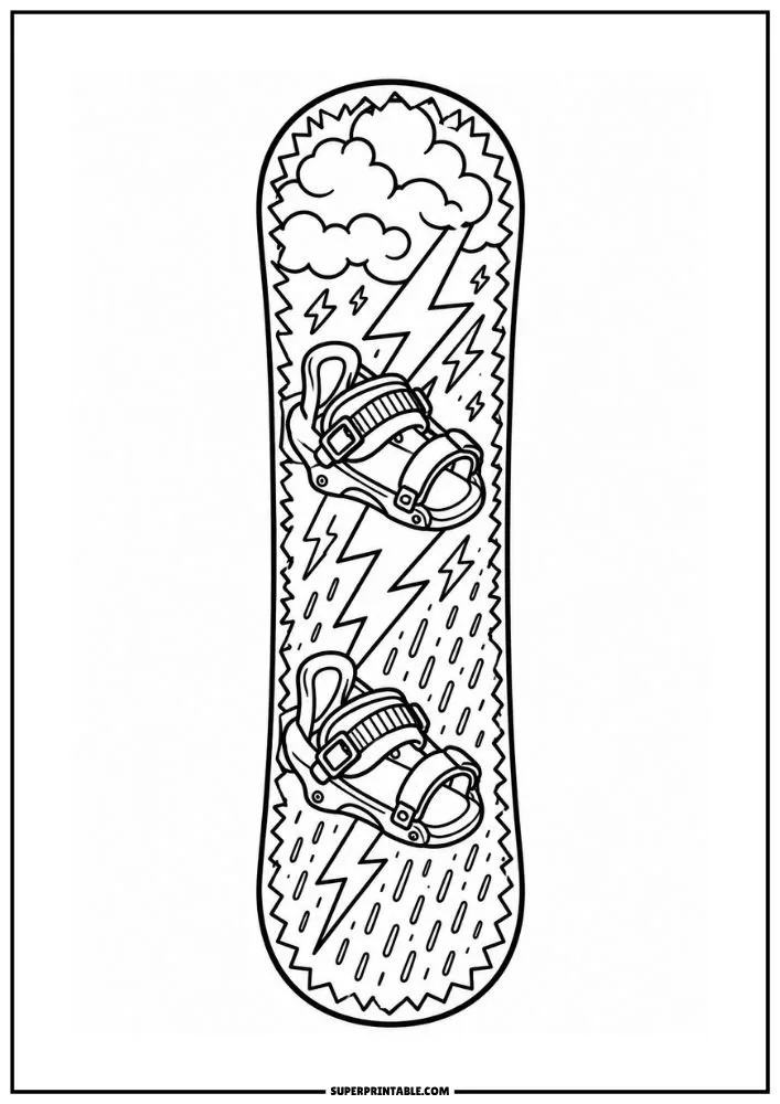 Snowboard coloring page featuring thunderclouds, lightning bolts, rain, and weather-themed artwork.