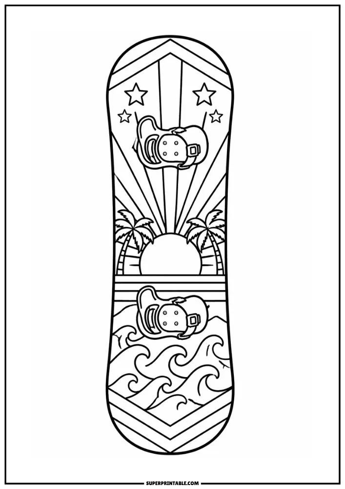 Snowboard coloring page with ocean waves, palm trees, stars, and a tropical sunset scene.