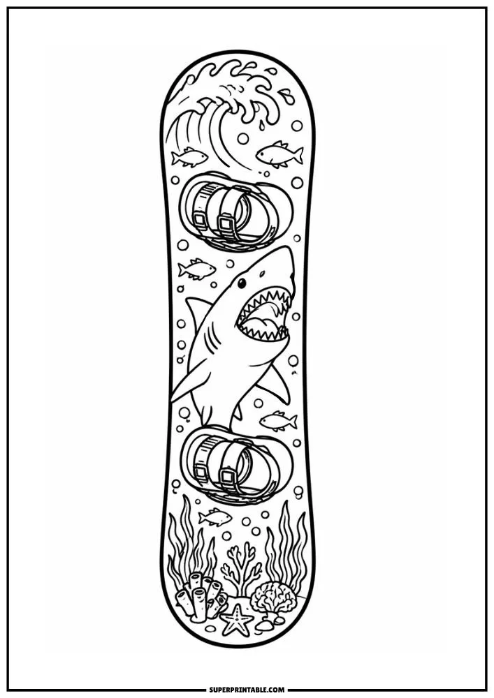 Snowboard coloring page featuring a shark, fish, coral reef, ocean waves, and underwater scenery.