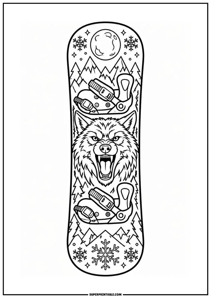Snowboard coloring page with a wolf, snowy mountains, pine trees, moon, and snowflakes.