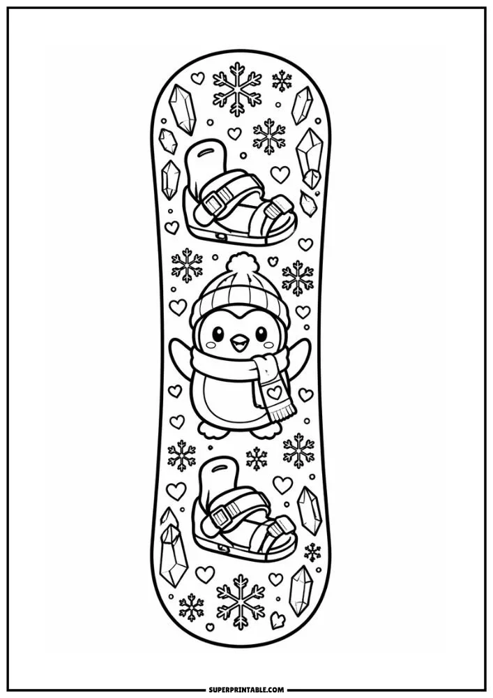 Snowboard coloring page featuring a penguin, snowflakes, hearts, crystals, and winter decorations.