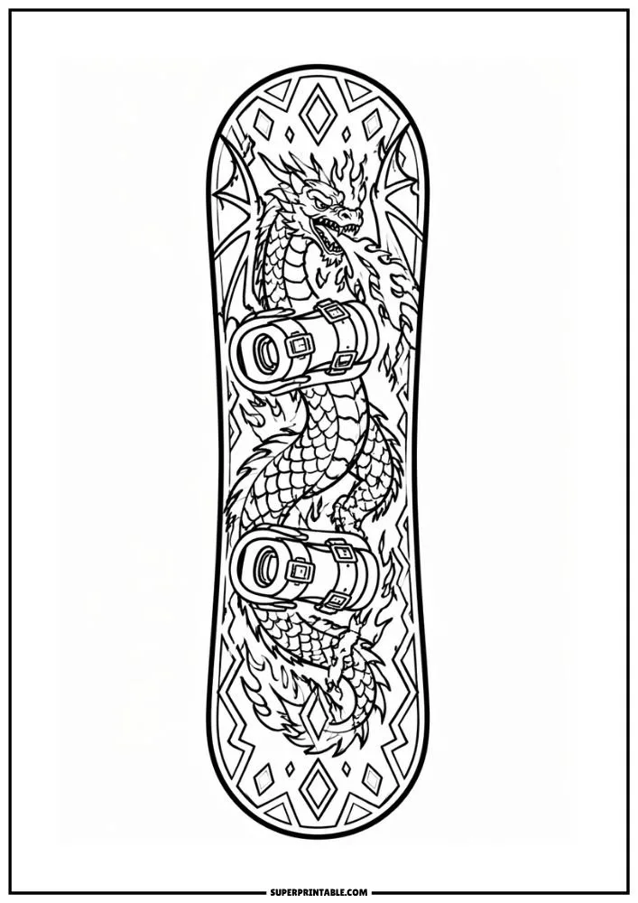 Snowboard coloring page with a fire-breathing dragon and decorative fantasy patterns.