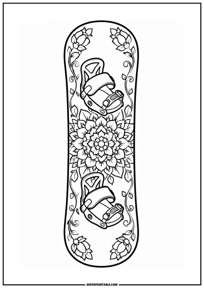 Snowboard coloring page featuring flowers, leaves, vines, and a large floral mandala design.